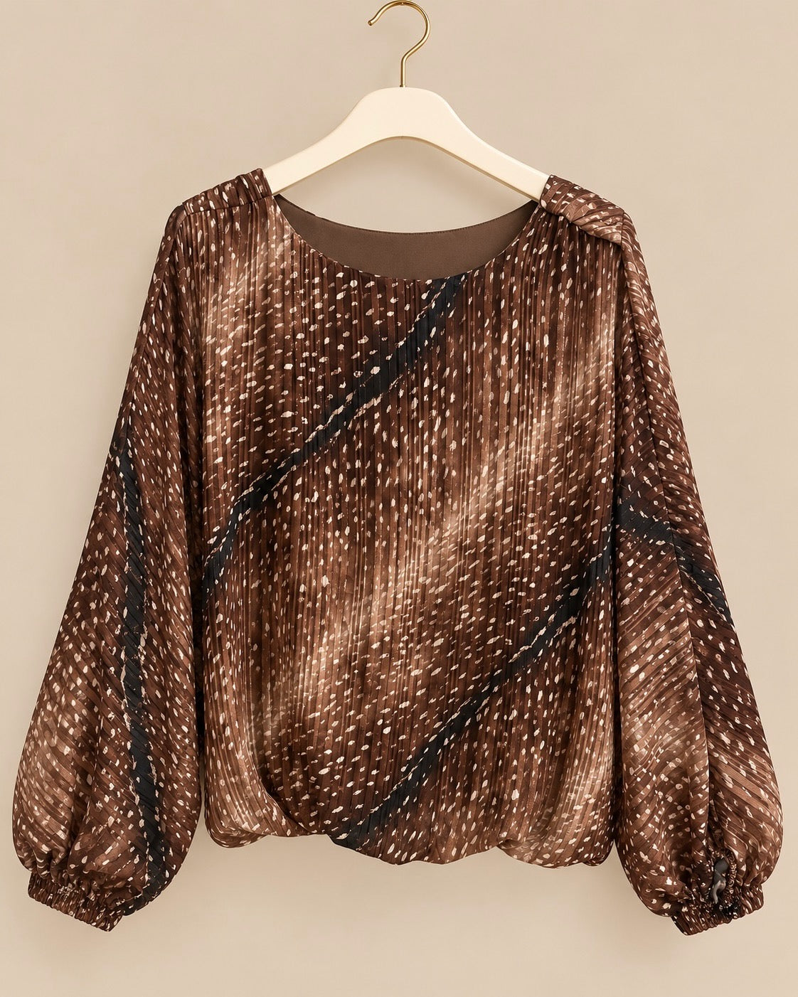Chocolate Bambi Print Pleated Balloon Sleeve Blouse