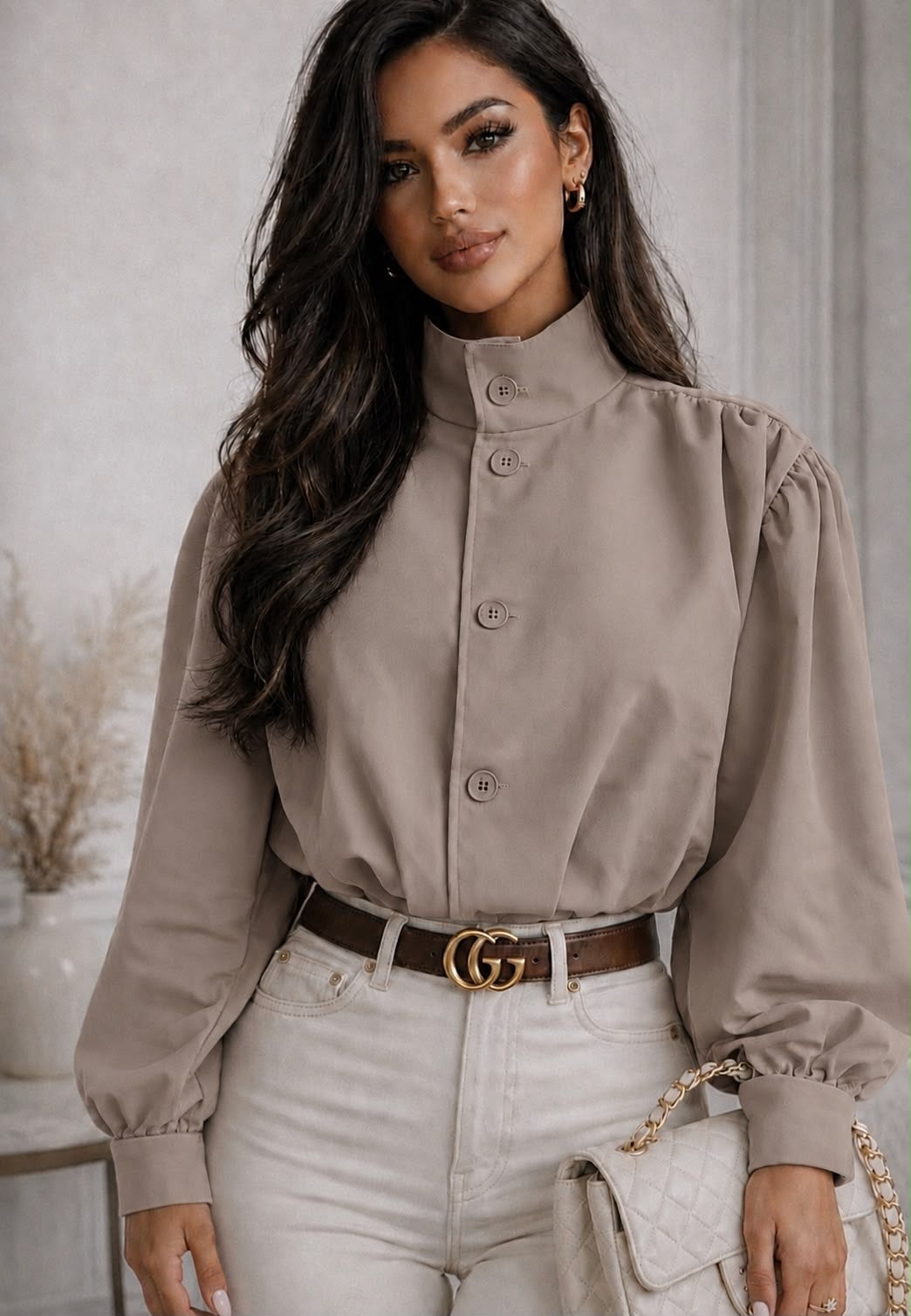 Puffed Sleeve High Neck Cropped Inspired Jacket