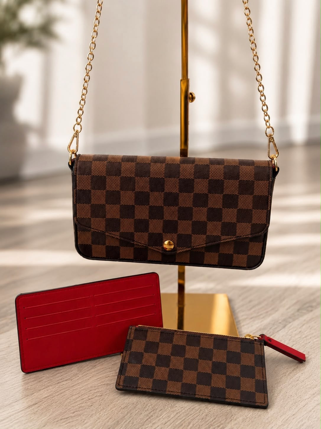 Brown Check Crossbody Bag With Card Purse
