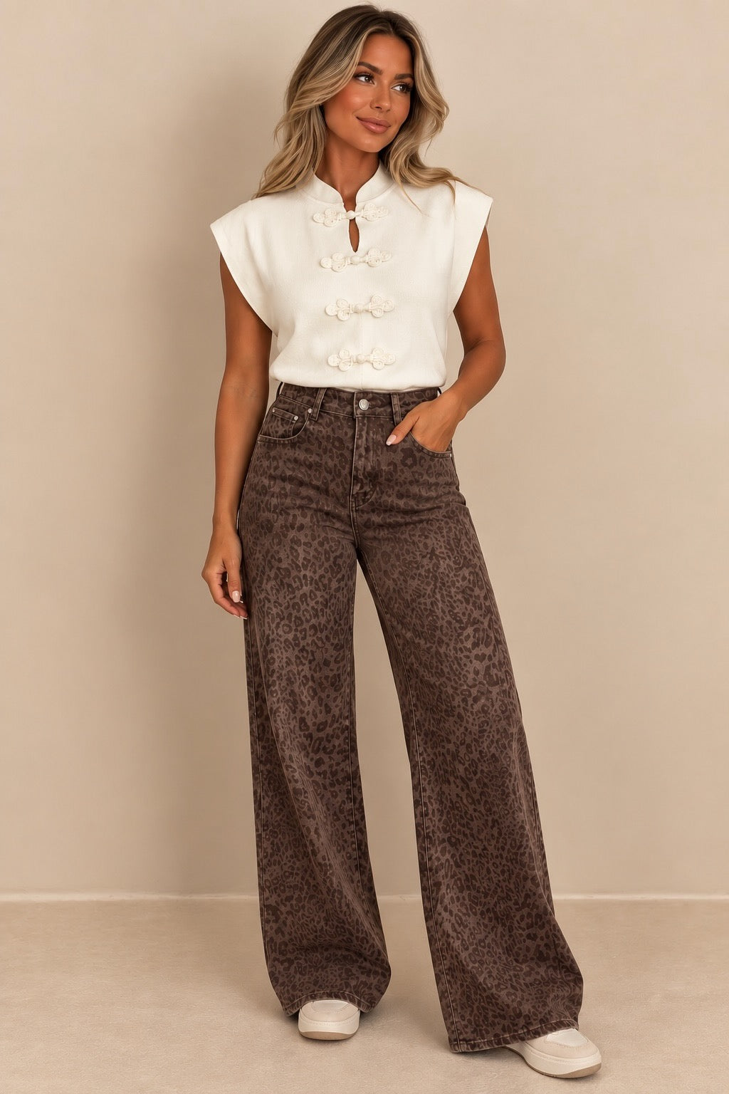 Eilous Two-Tone Brown Leopard Wide Leg Jeans