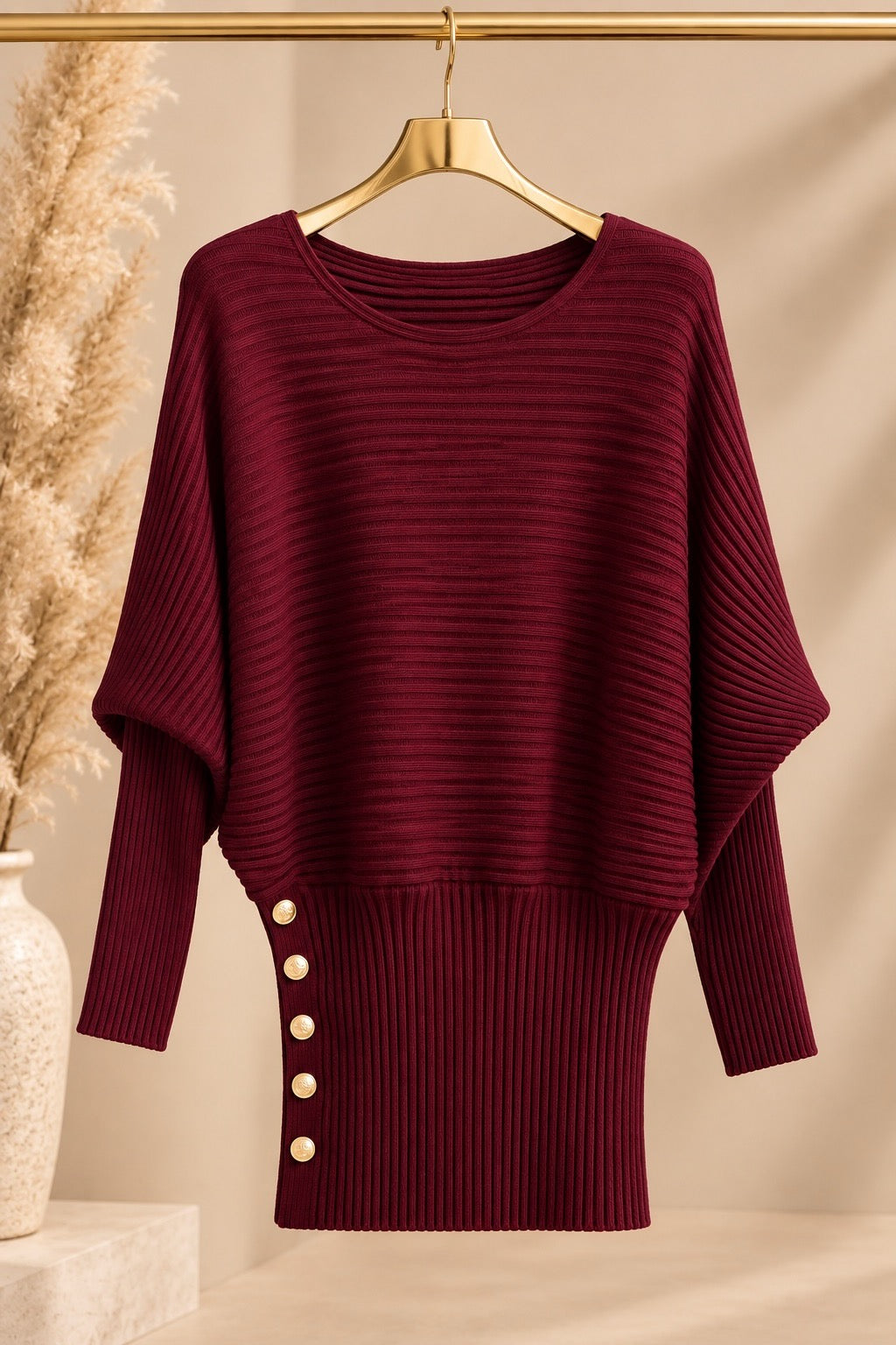 Wine Gold Button Slouch Knit Dress