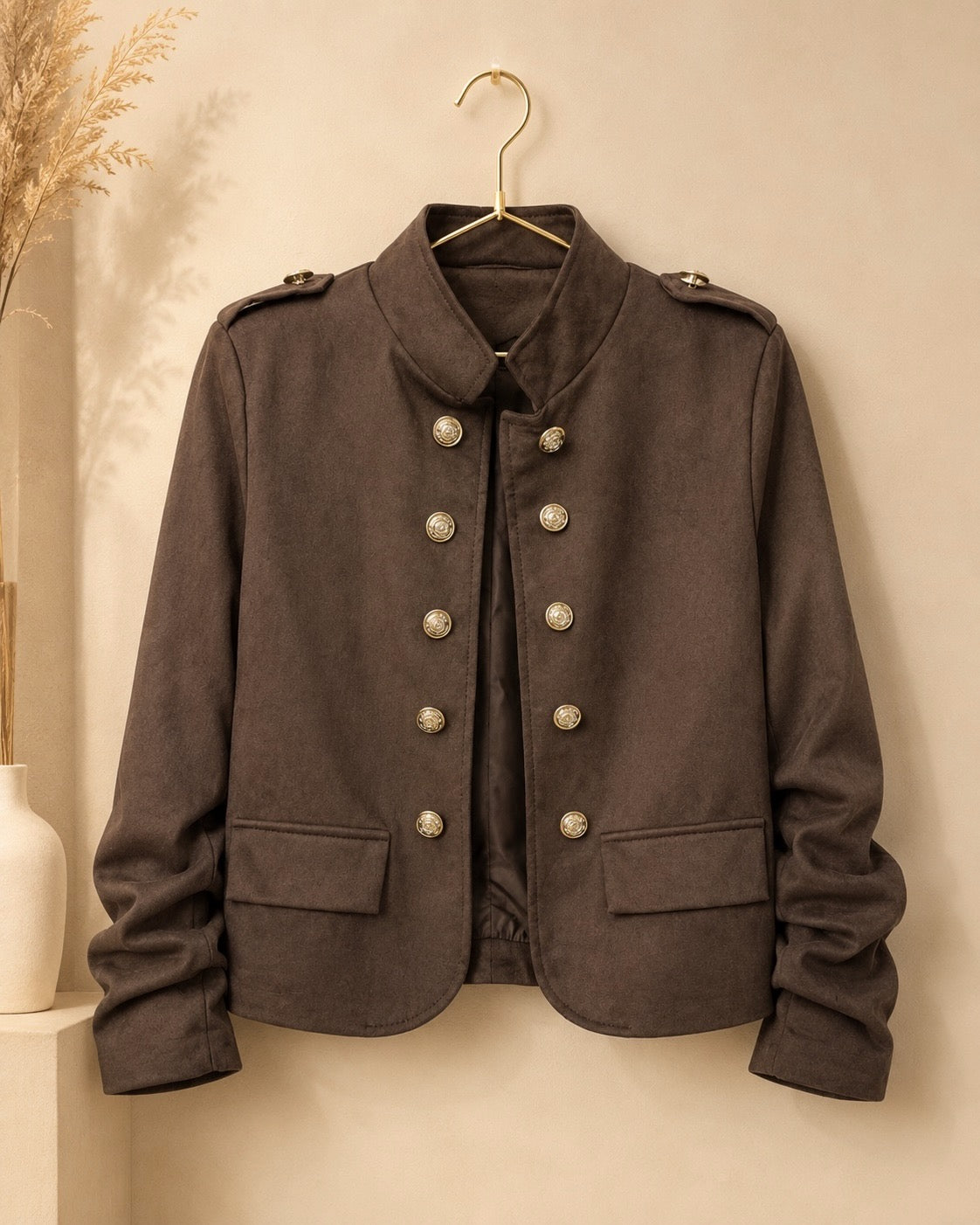 Chocolate Suede Ruched Arm Military Blazer