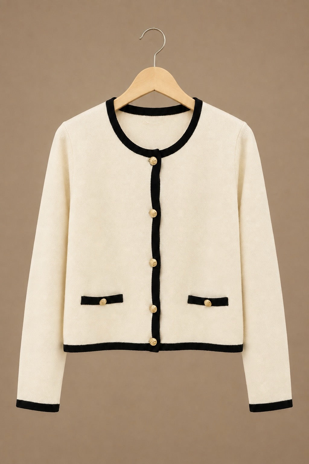 Cream Contrast Trim Gold Button Knit Cardigan