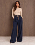 Navy Zara Inspired Luxe Belted Wide Leg Pants