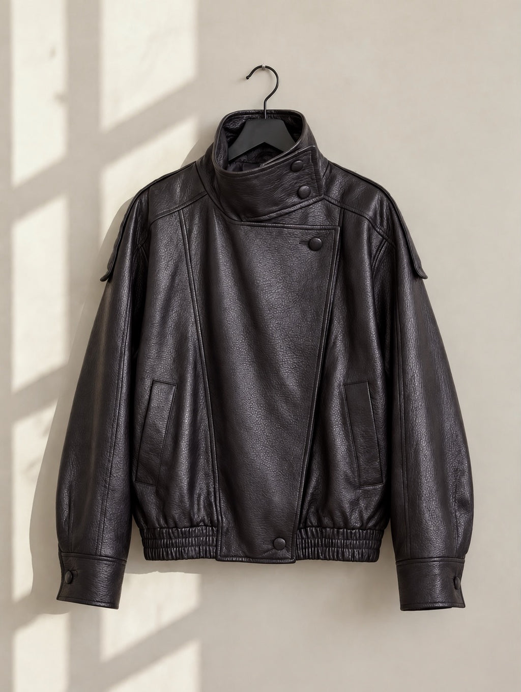 Luxe Oversized Chocolate High Neck Faux Leather Bomber Jacket