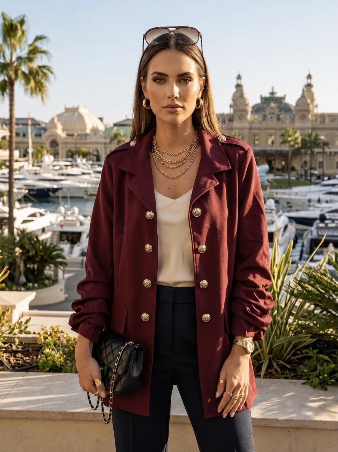 Burgundy Gold Button Ruched Sleeve Longline Military Jacket