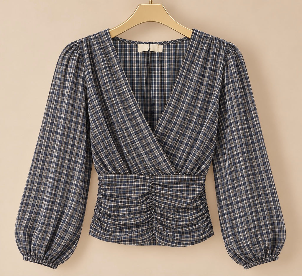 Blue Check Ruched Wrap Top