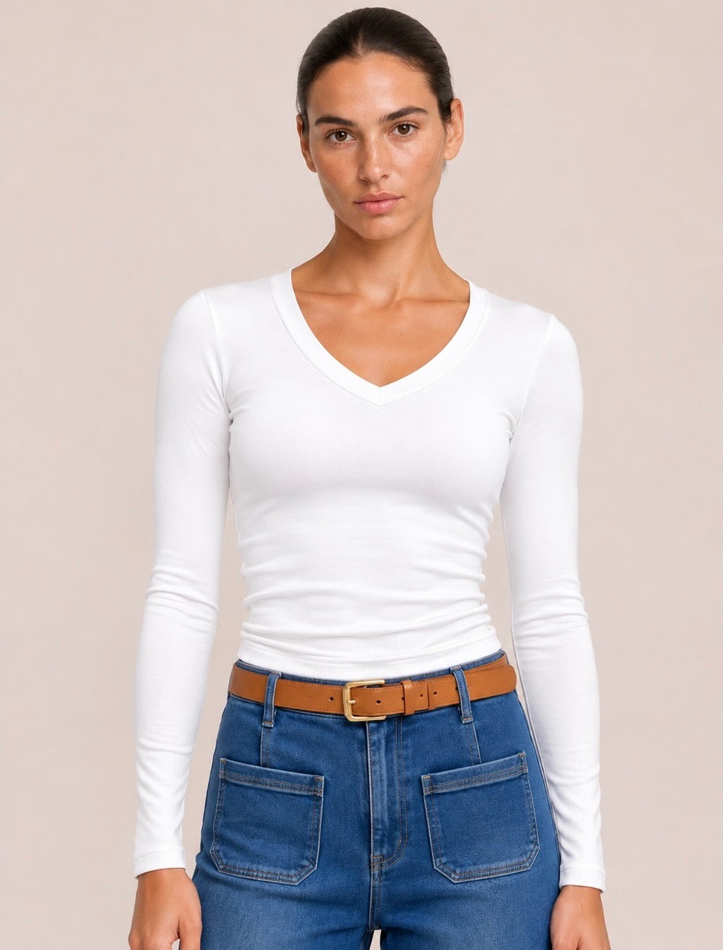 Luxe White Basic Fleece-Lined Long Sleeve V-Neck Top (other colours available)