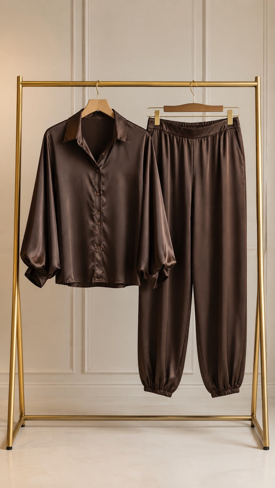 LUXE Chocolate Satin Feel 2 Piece Co-Ord Set