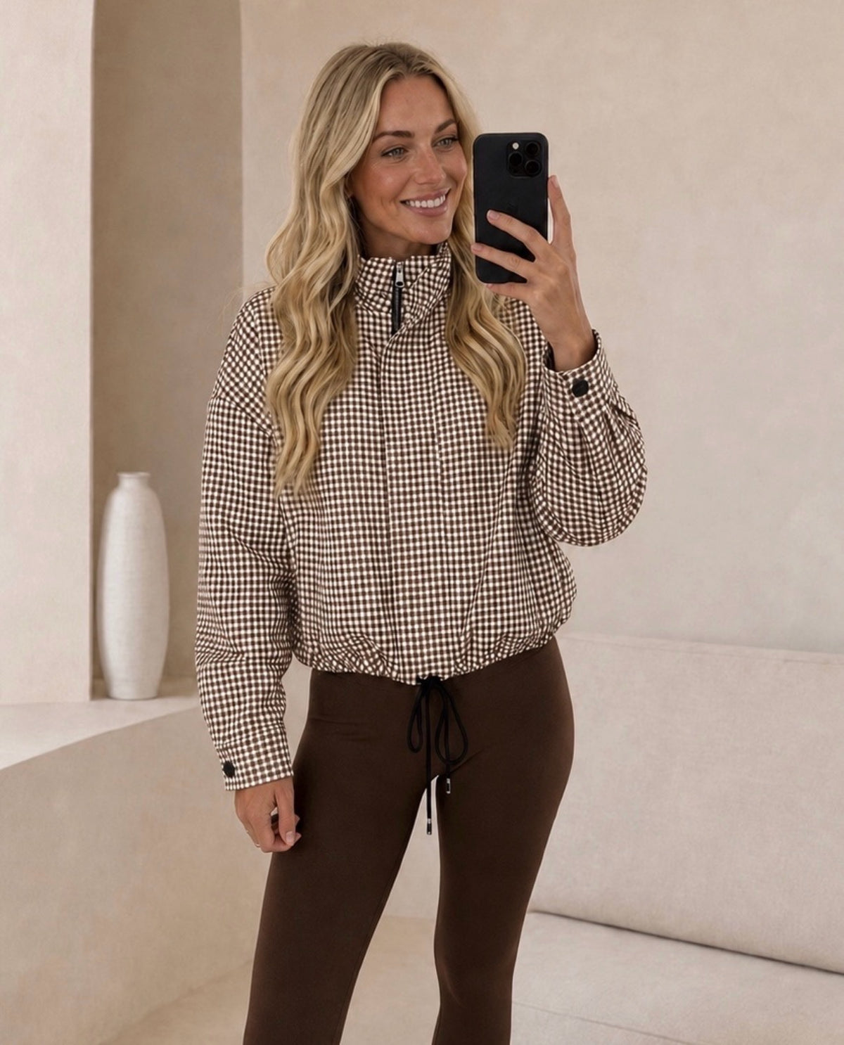 Milk Chocolate Gingham Drawstring Hem Zip Jacket
