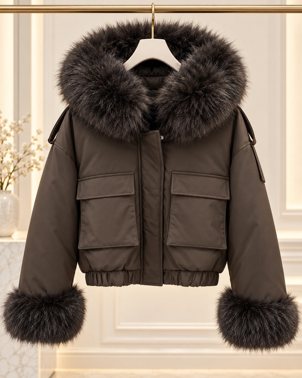 Chocolate Luxe Faux Fur Trim Cropped Aviator Jacket 🤎