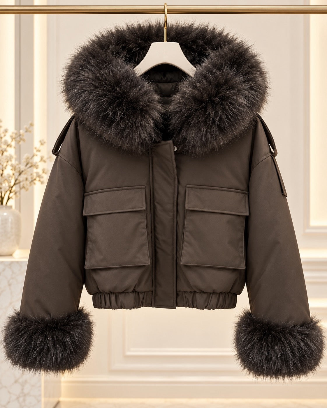 Chocolate Luxe Faux Fur Trim Cropped Aviator Jacket 🤎