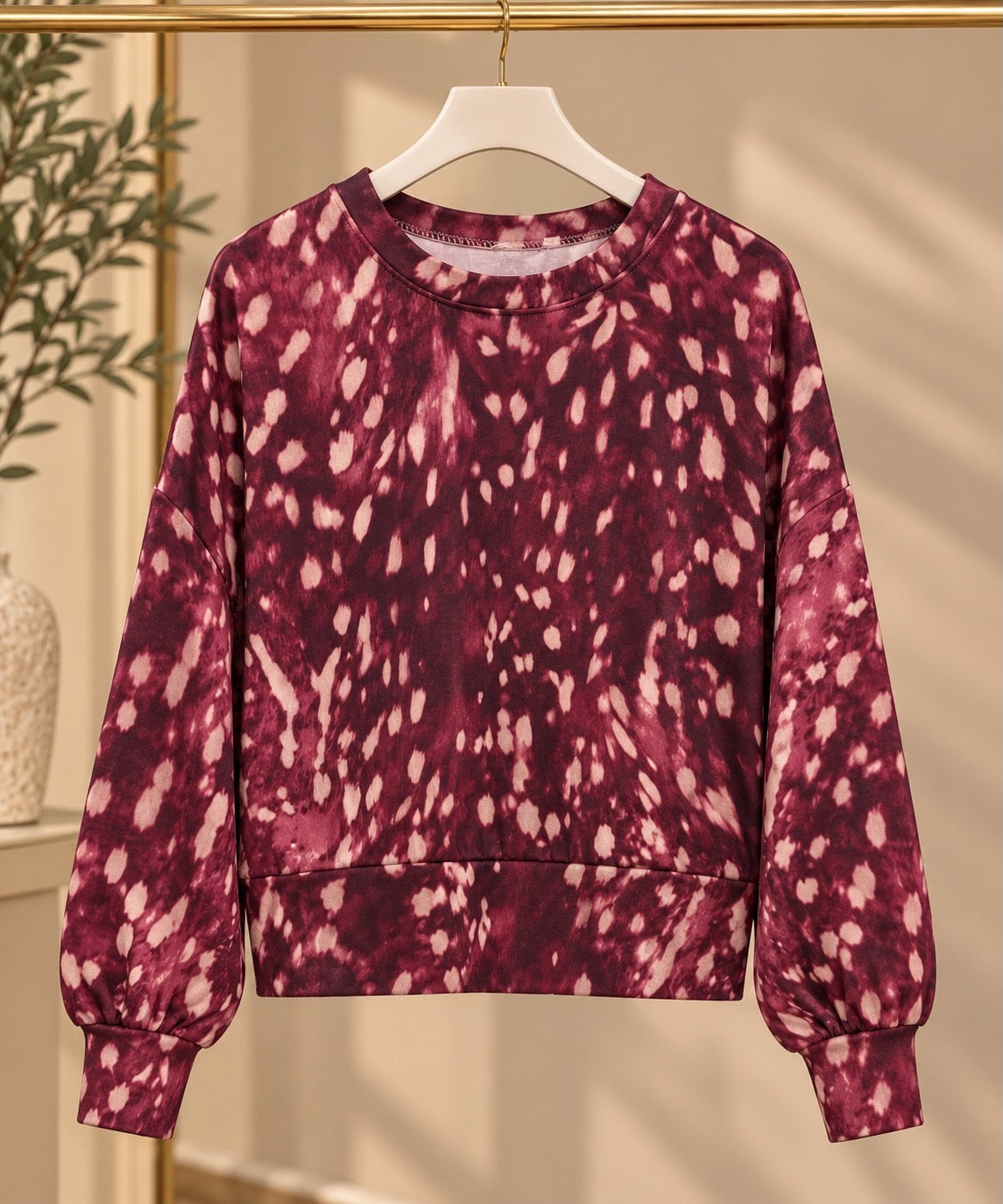 Wine Bambi Print Fitted Cropped Sweatshirt