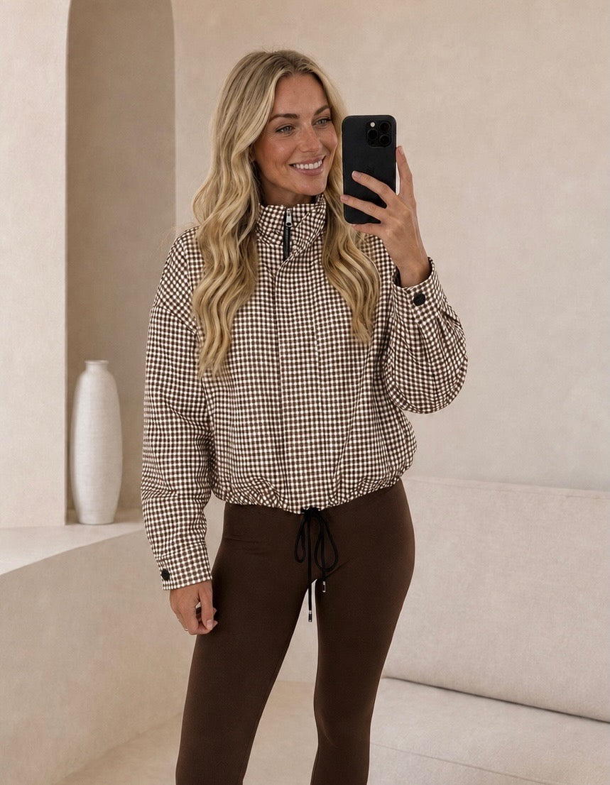 Chocolate Gingham Drawstring Hem Zip Jacket