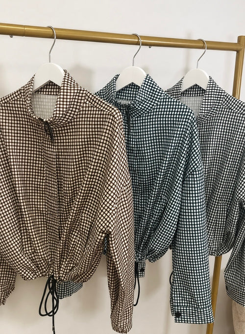 Black Gingham Drawstring Hem Zip Jacket