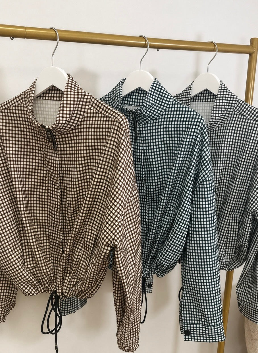 Navy Gingham Drawstring Hem Zip Jacket