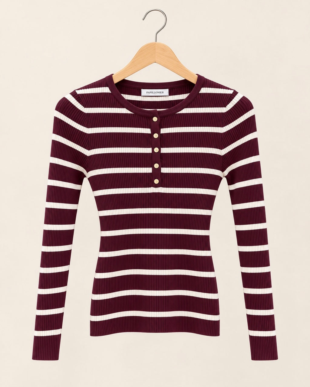 Burgundy Striped Ribbed Button Top