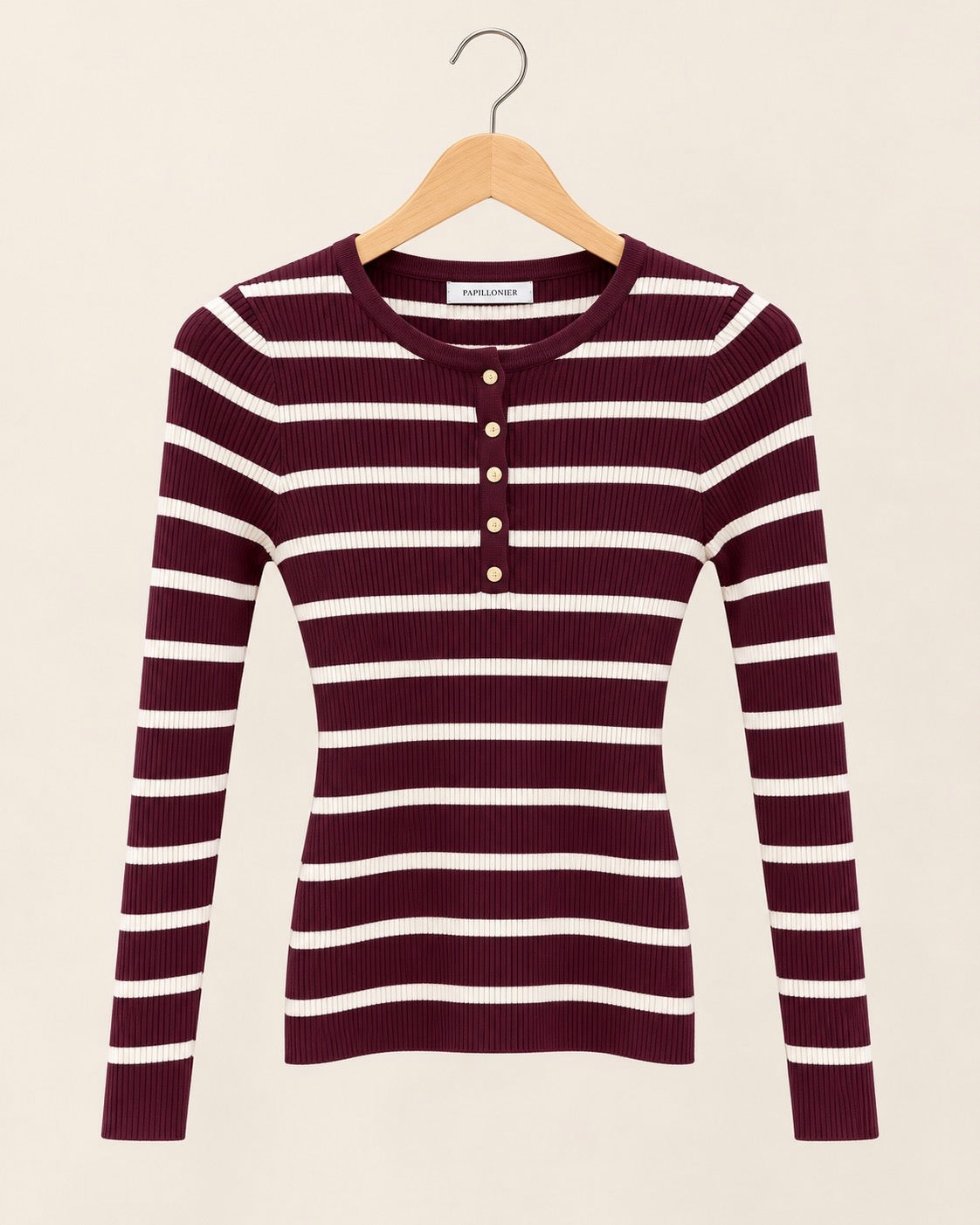 Burgundy Striped Ribbed Button Top