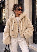 Luxe Beige Plush Hooded Bomber Jacket