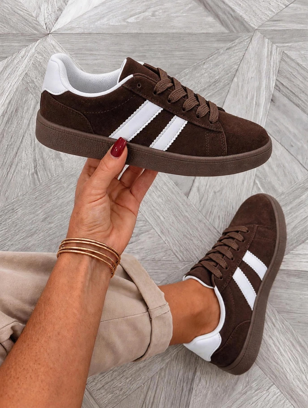Chocolate Retro Suede Stripe Trainers  *SPECIAL OFFER - 2 PAIRS FOR £25*