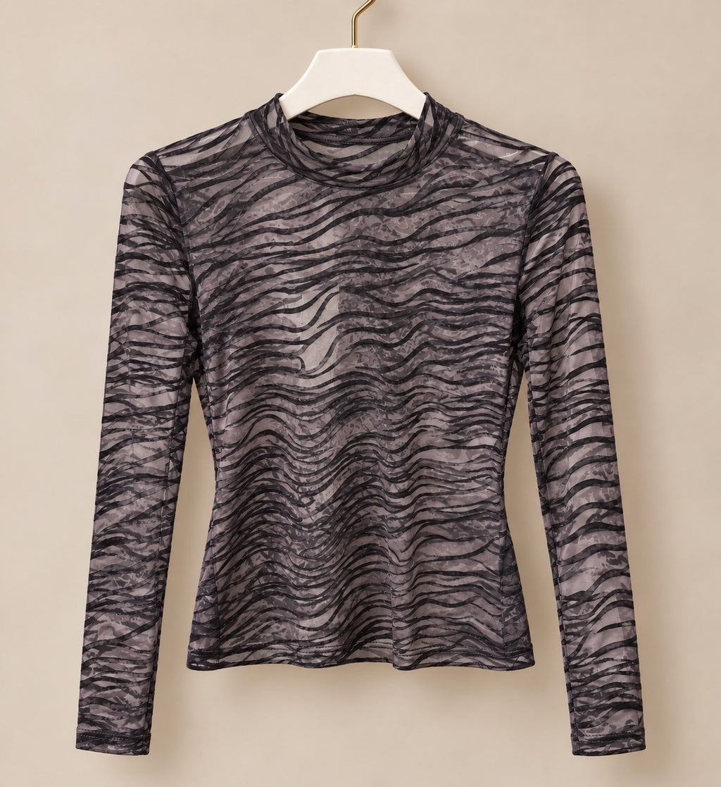 Black Smoky Zebra Print Sheer Mesh Top