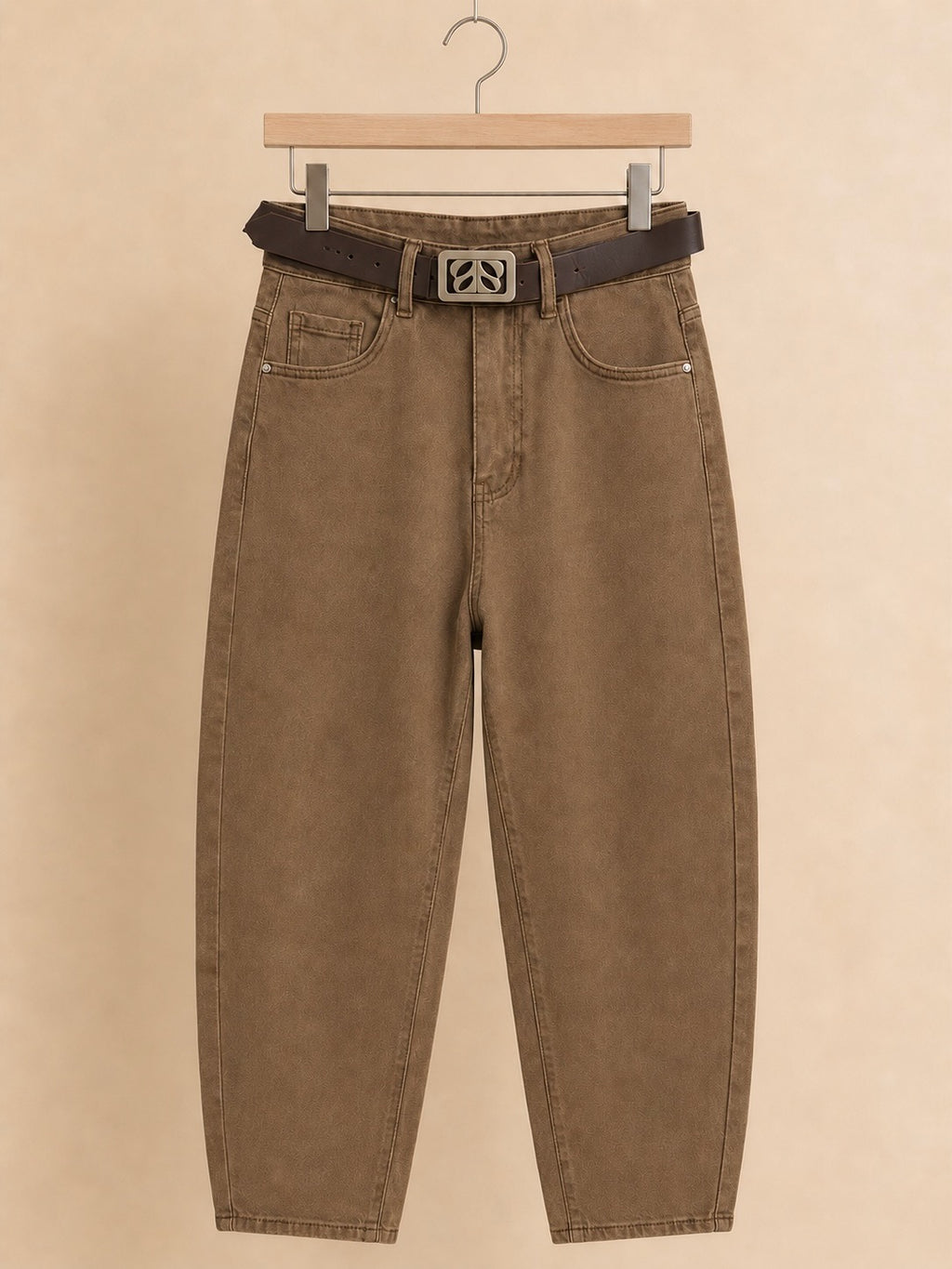 Milk Chocolate Brown Stretch Balloon Fit Belted Jeans