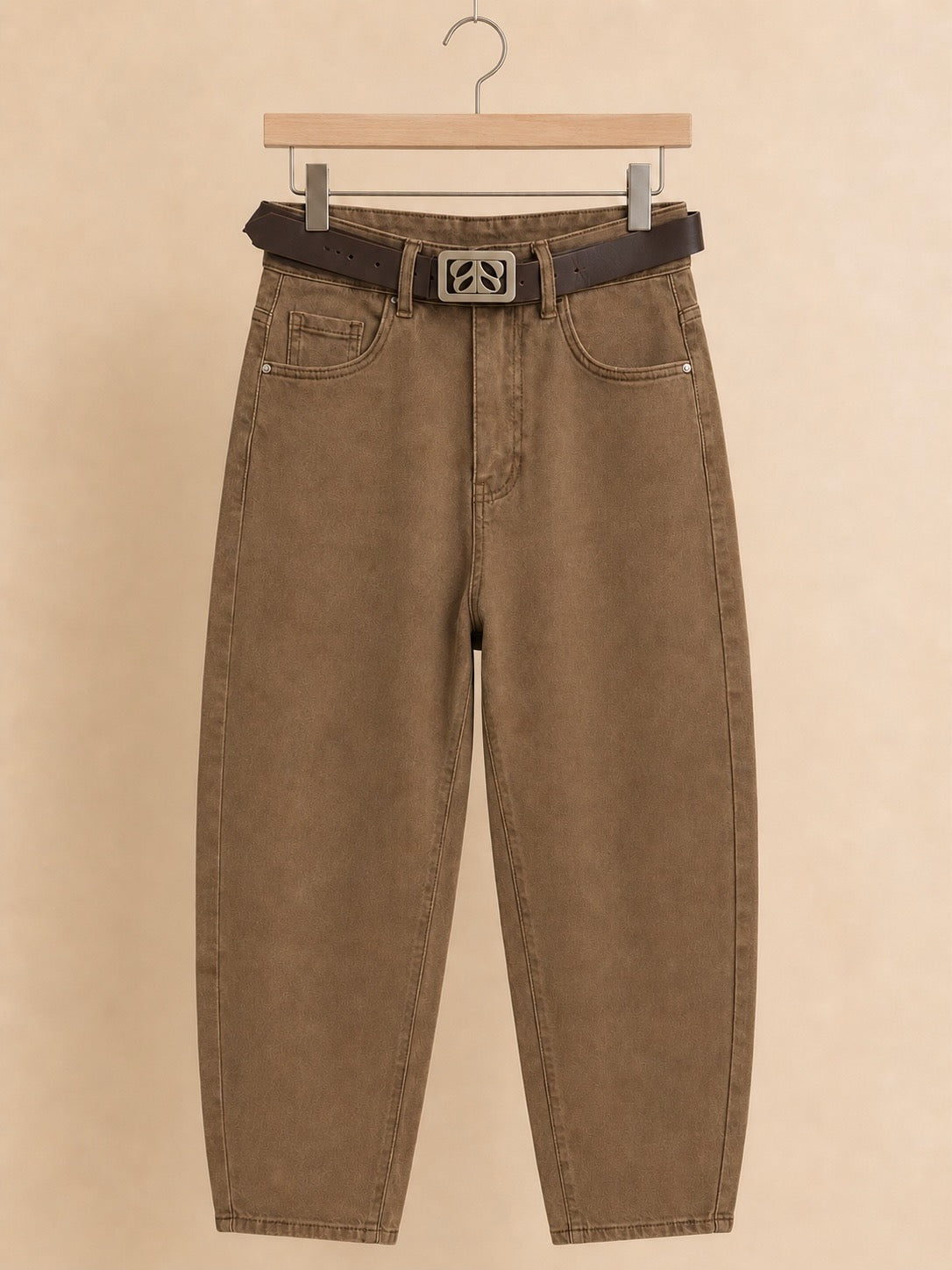 Milk Chocolate Brown Stretch Balloon Fit Belted Jeans