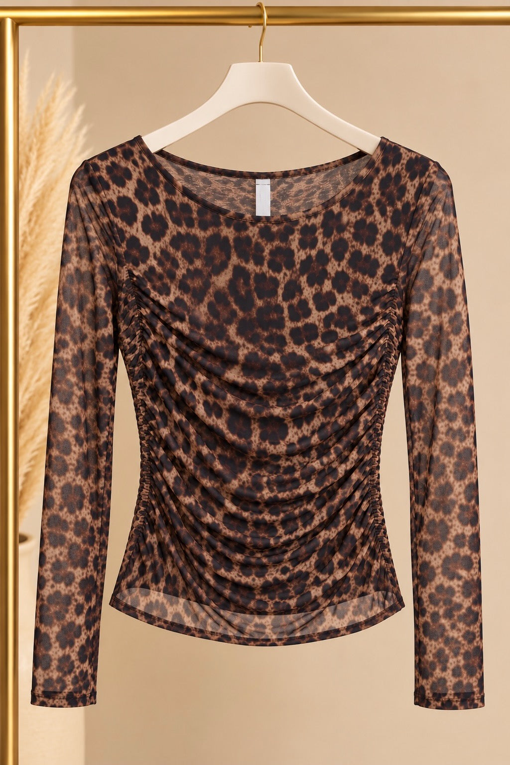 Brown Leopard Print Ruched Mesh Top