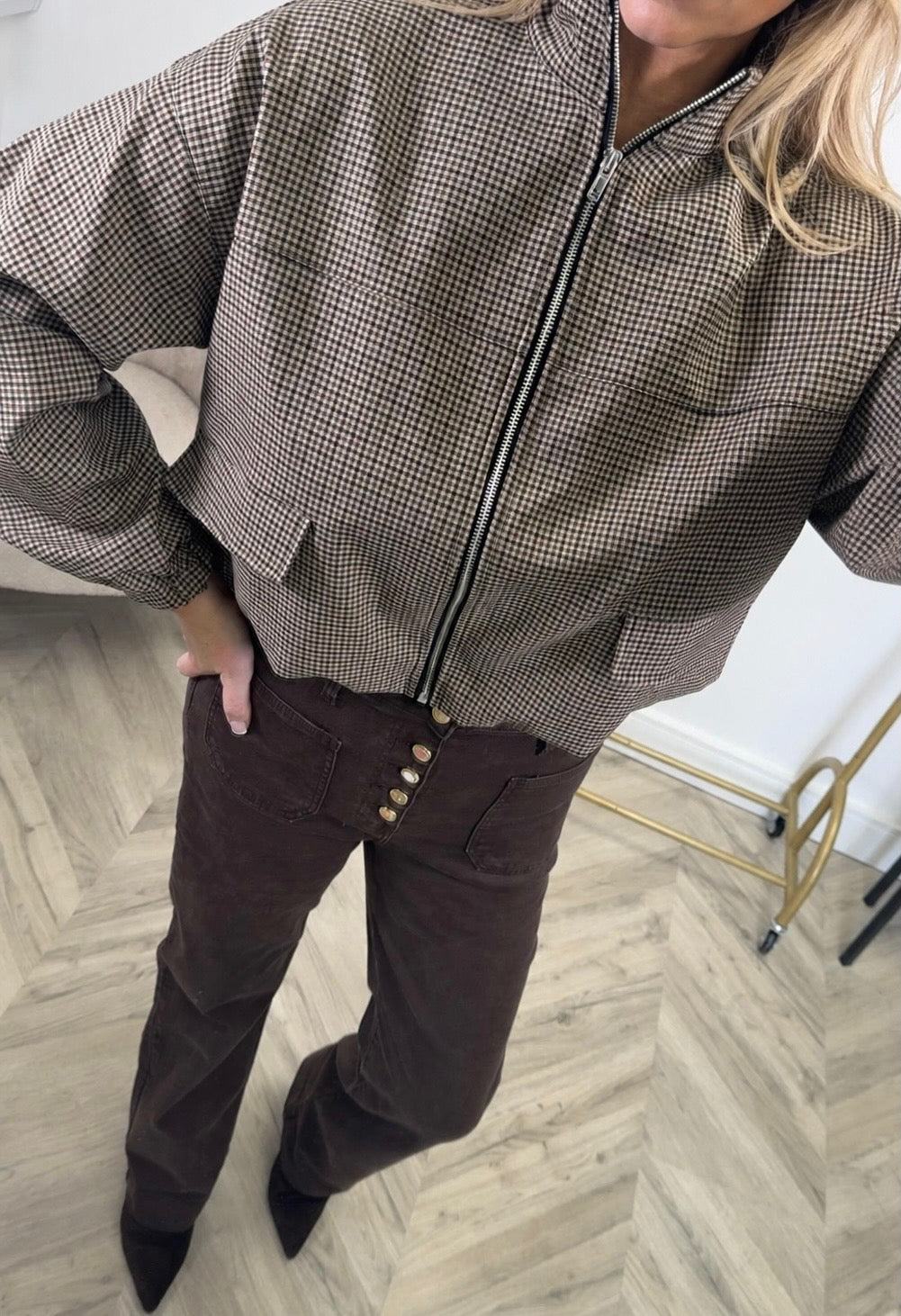 The ‘IVIVI’ Luxe Cropped Chocolate Checkered Zip Jacket