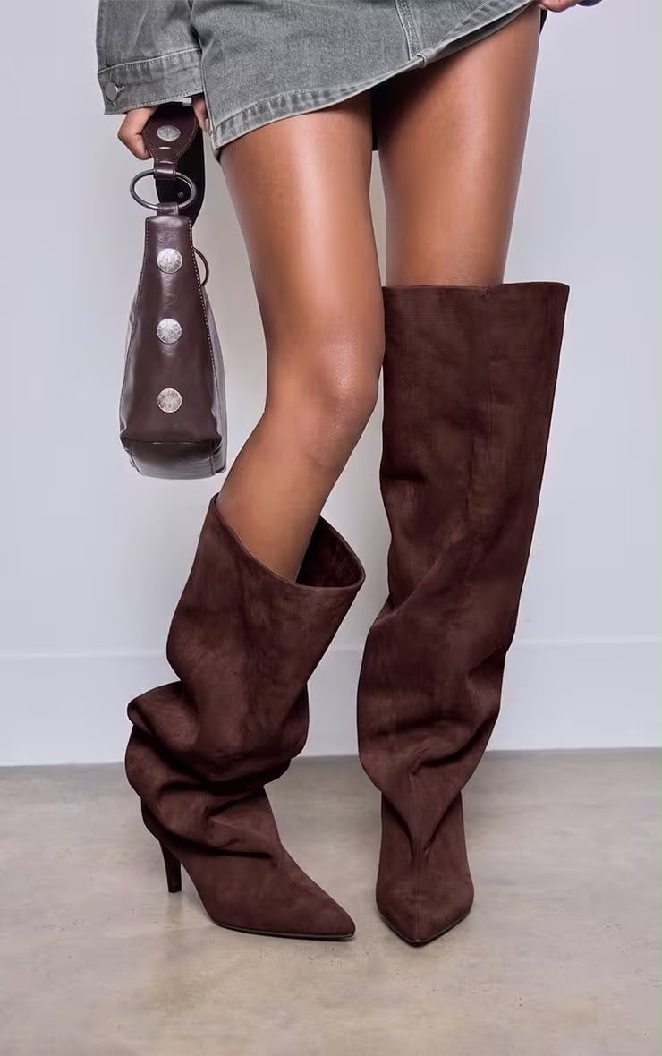Faux Suede Slouchy Knee Boots with Kitten Heels