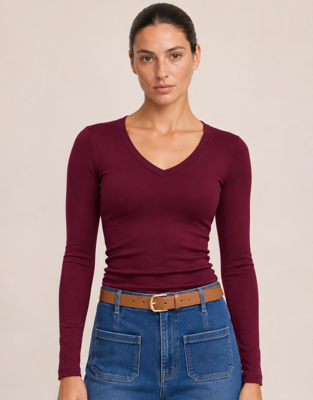 Luxe Burgundy Basic Fleece-Lined Long Sleeve V-Neck Top (other colours available)