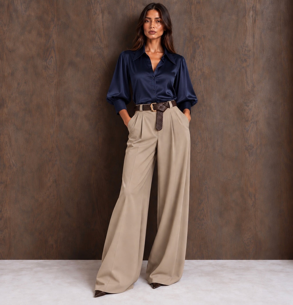 Navy Satin Look Cropped Puff Sleeve Shirt (available in other colours)