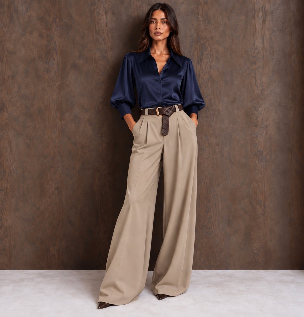 Navy Satin Look Cropped Puff Sleeve Shirt (available in other colours)