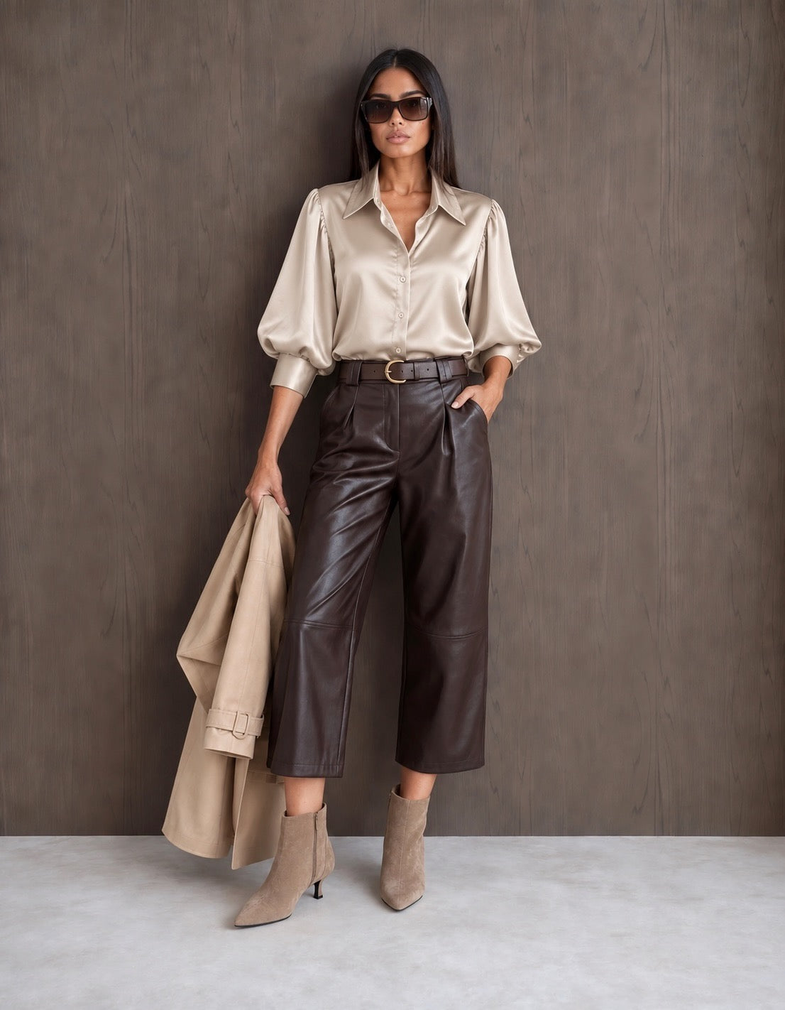 Champagne Satin Look Cropped Puff Sleeve Shirt (available in other colours)