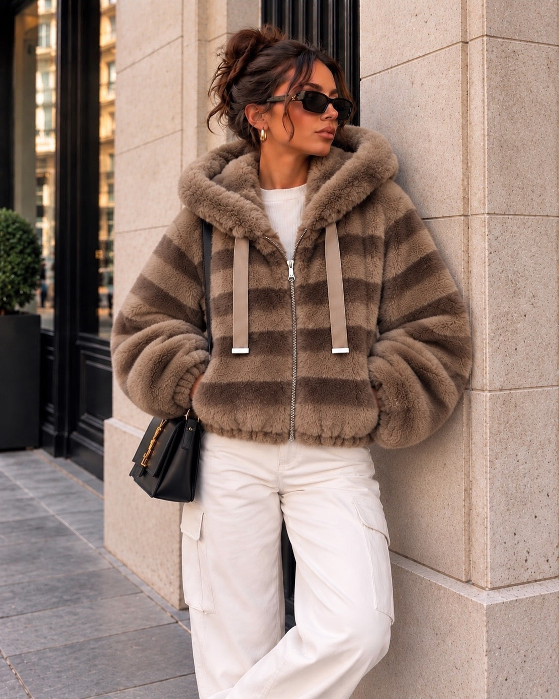 Luxe Beige and Mocha Striped Plush Hooded Bomber Jacket (other colours available)
