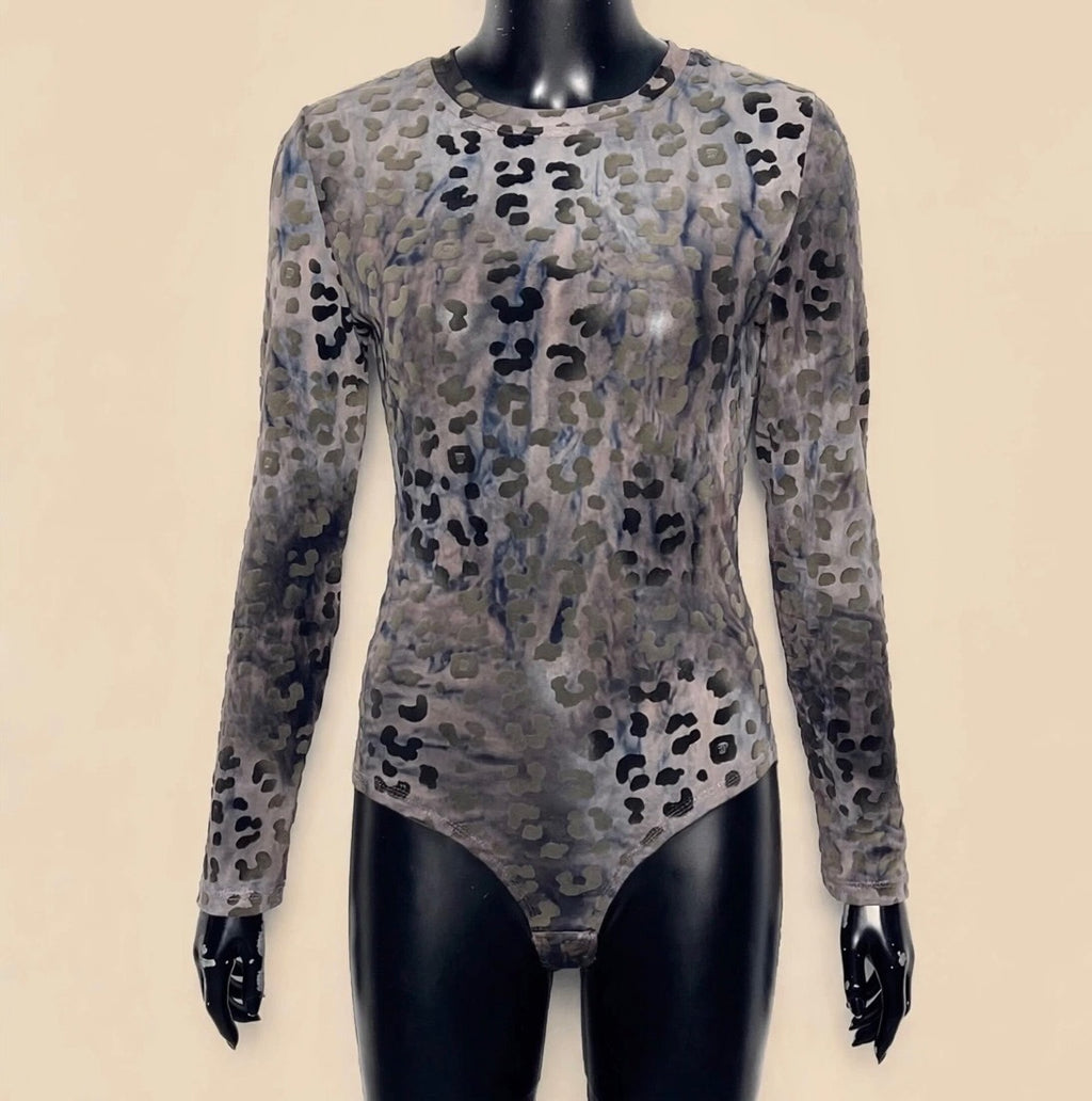 Black/Grey Leopard Sheer Mesh Bodysuit