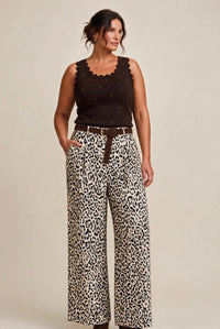Belted Animal Print Wide Leg Trousers