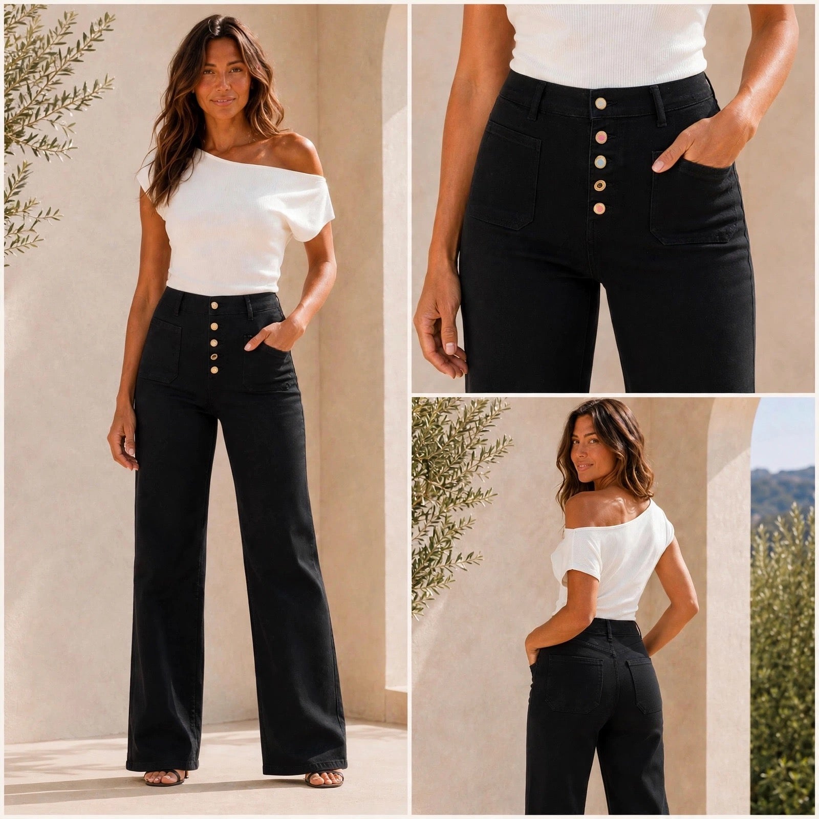 Black Miss Bon Wide Leg Front Pocket Jeans