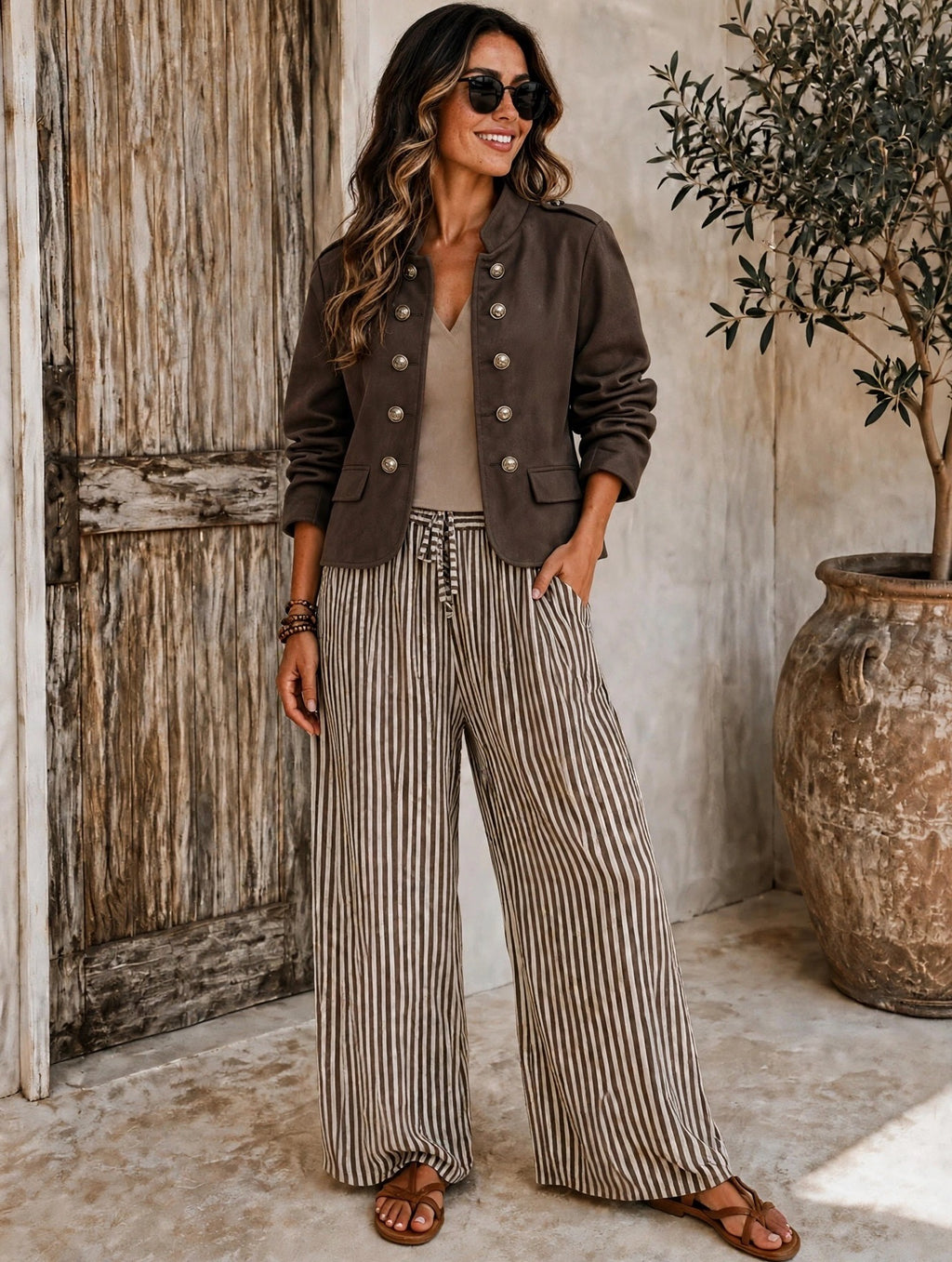 Chocolate Suede Ruched Arm Military Blazer
