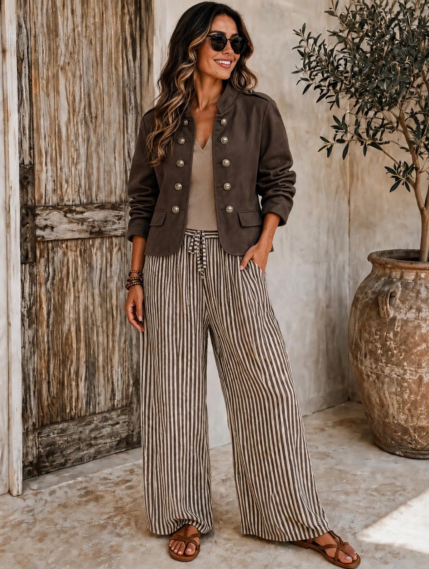 Chocolate Suede Ruched Arm Military Blazer