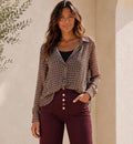 Brown/Black/Beige Ruched Front Hem Check Shirt with Built-In Vest