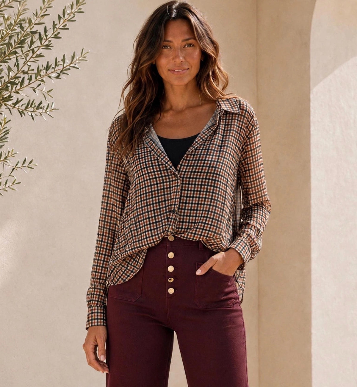 Brown/Black/Beige Ruched Front Hem Check Shirt with Built-In Vest
