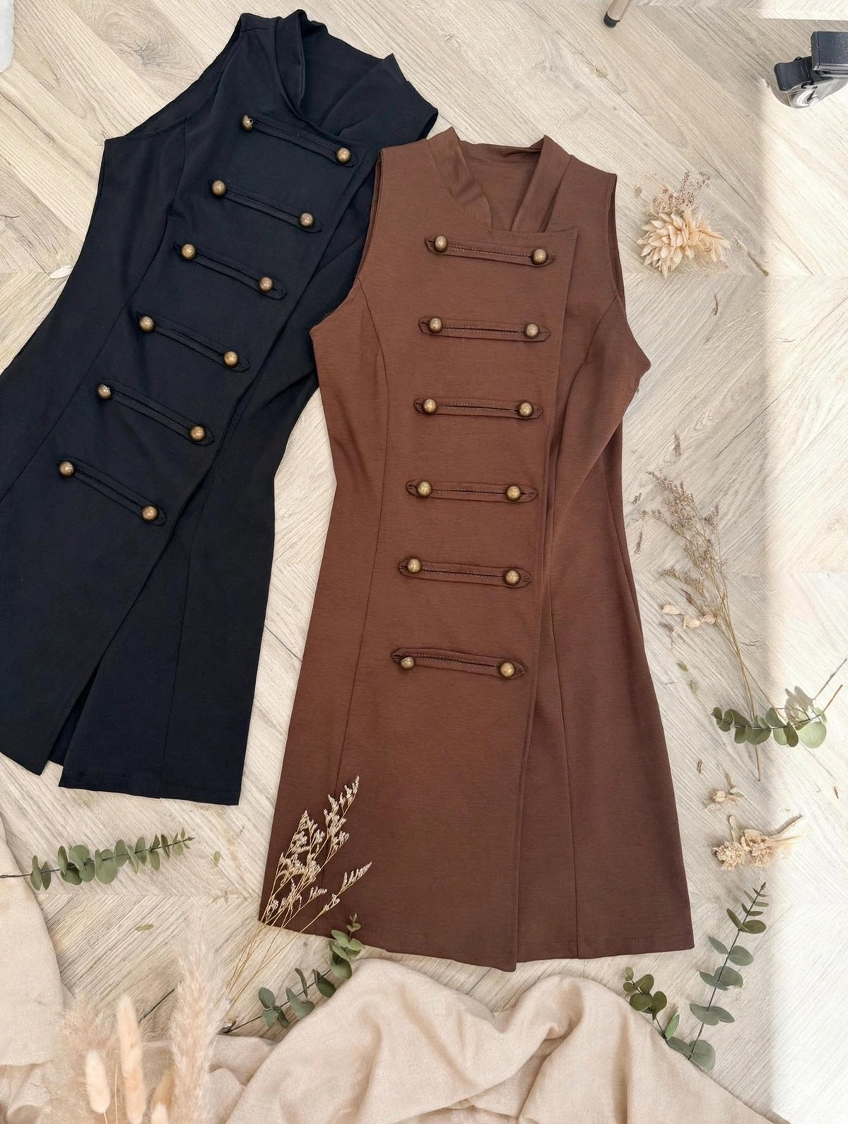 Chocolate Sleeveless Military-Style Mini Tunic Dress