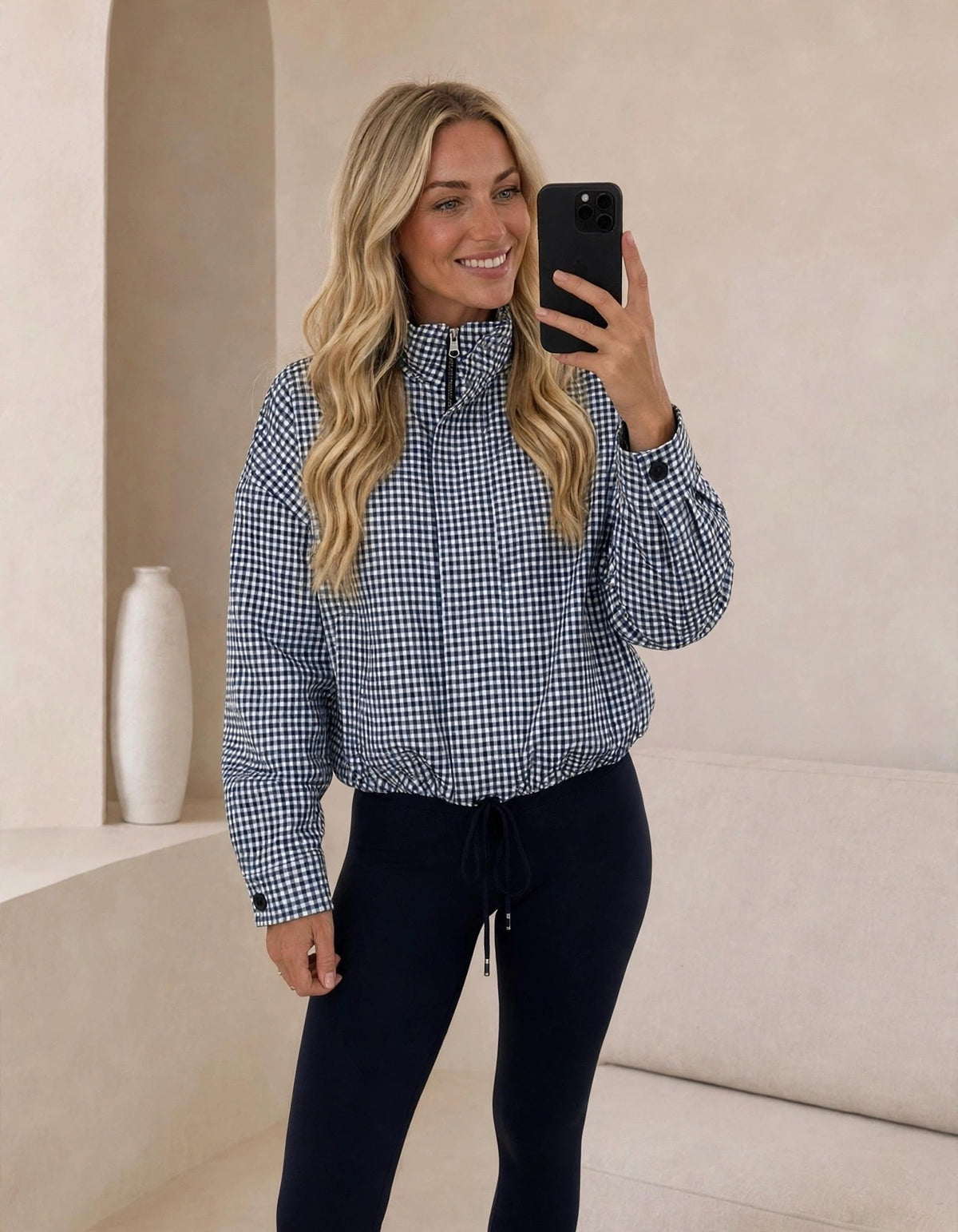 Navy Gingham Drawstring Hem Zip Jacket