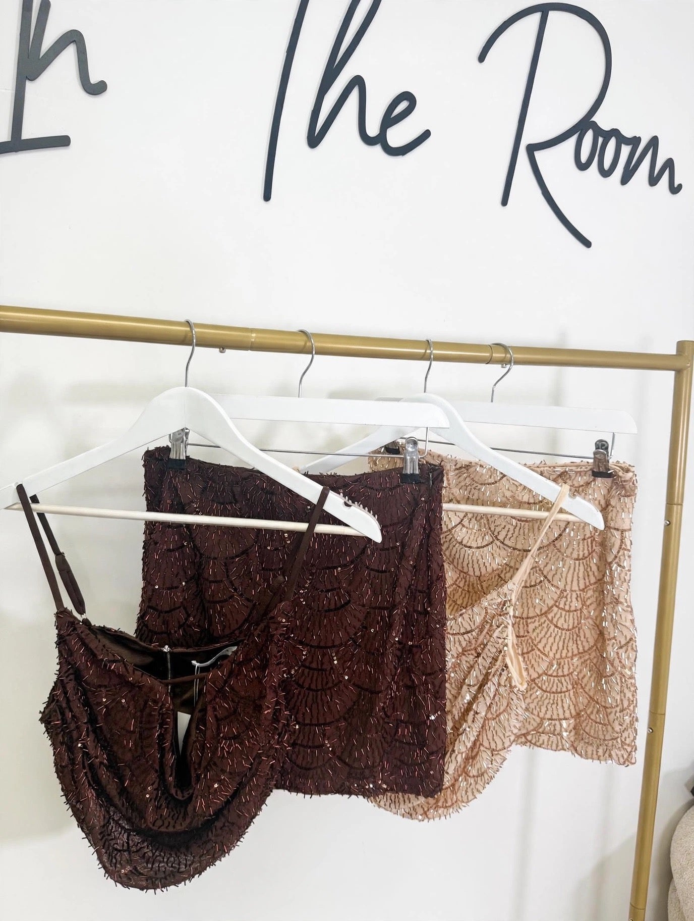 Luxe Chocolate Beaded Sparkle Cami & Skirt Set