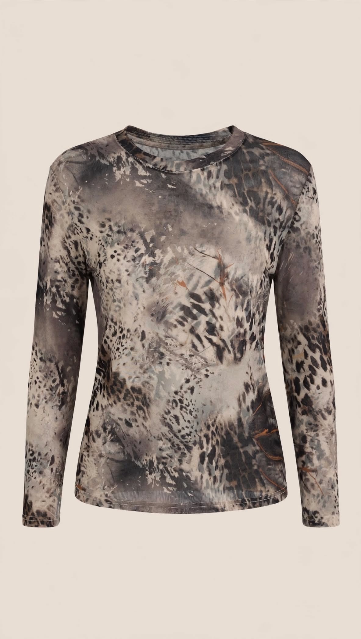 Taupe Abstract Animal Print Long-Sleeve Mesh Top
