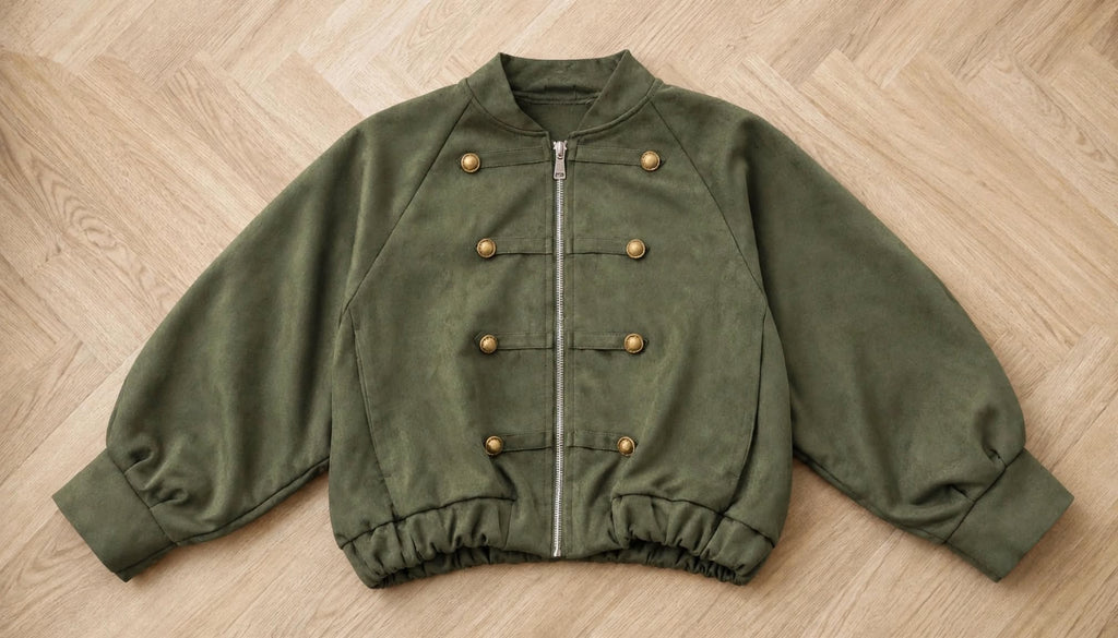 Khaki Suede Military Cropped Bomber Jacket