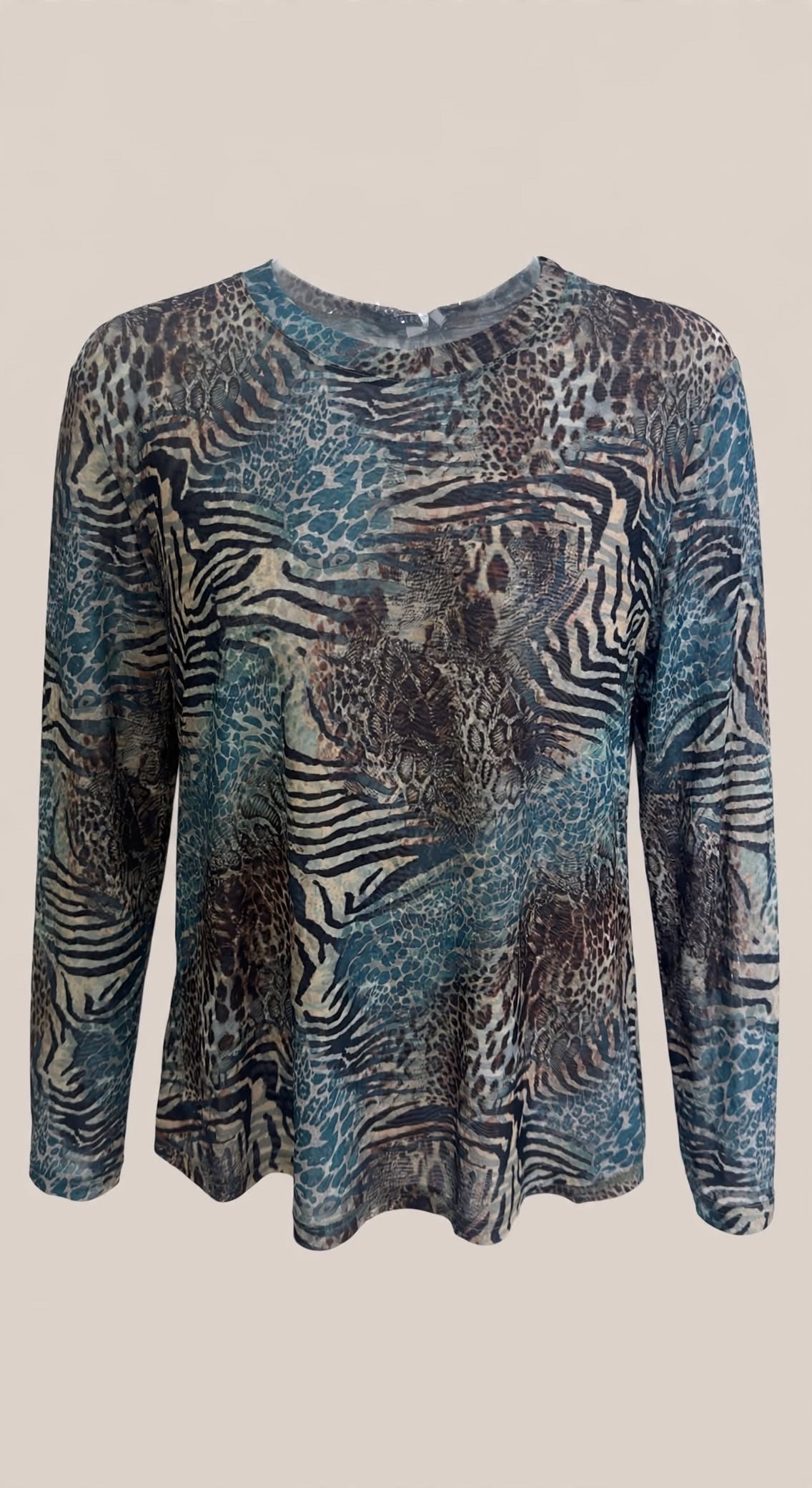 Blue Leopard Print Long-Sleeve Mesh Top