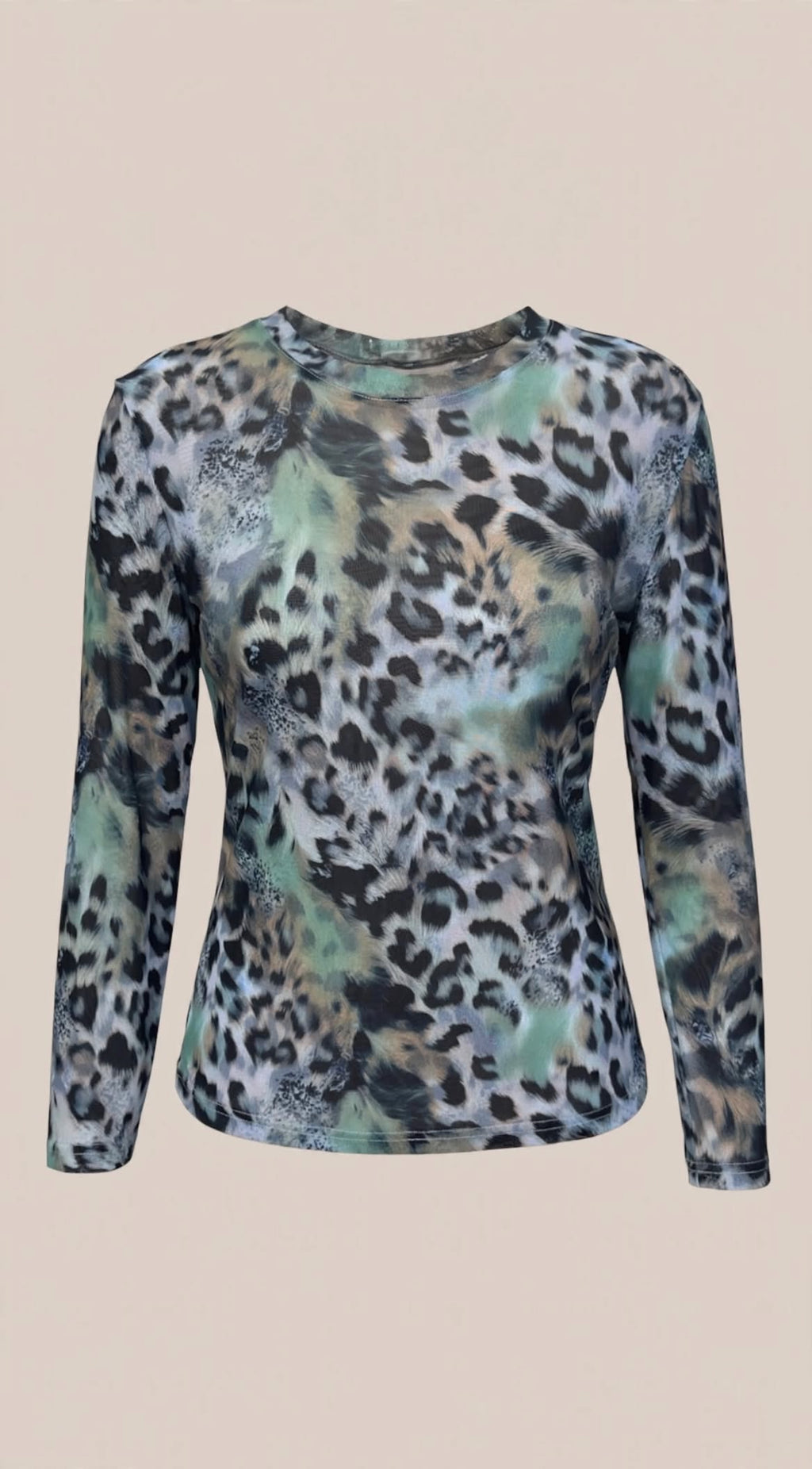 Blue & Green Mixed Animal Print Long-Sleeve Mesh Top