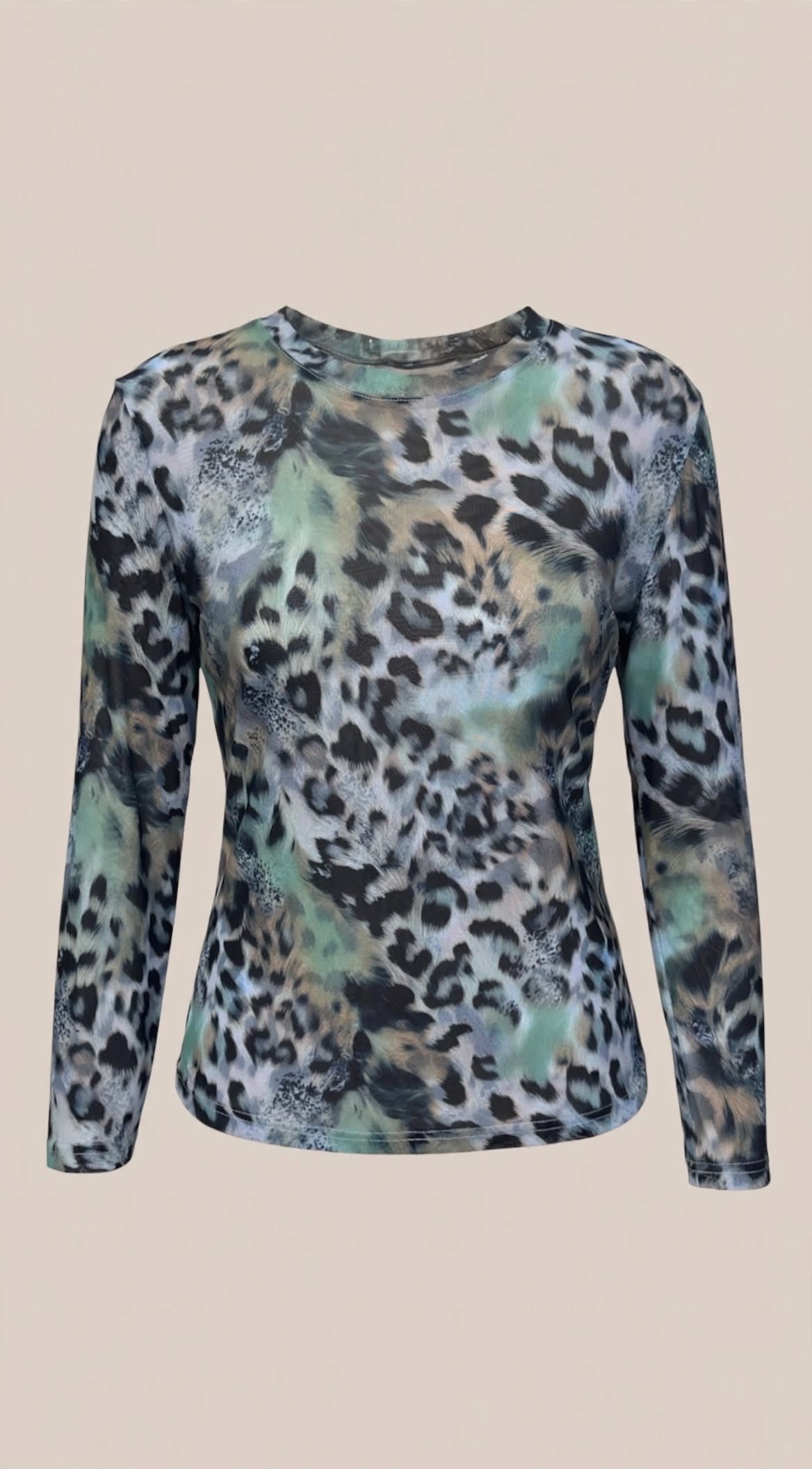 Blue & Green Mixed Animal Print Long-Sleeve Mesh Top